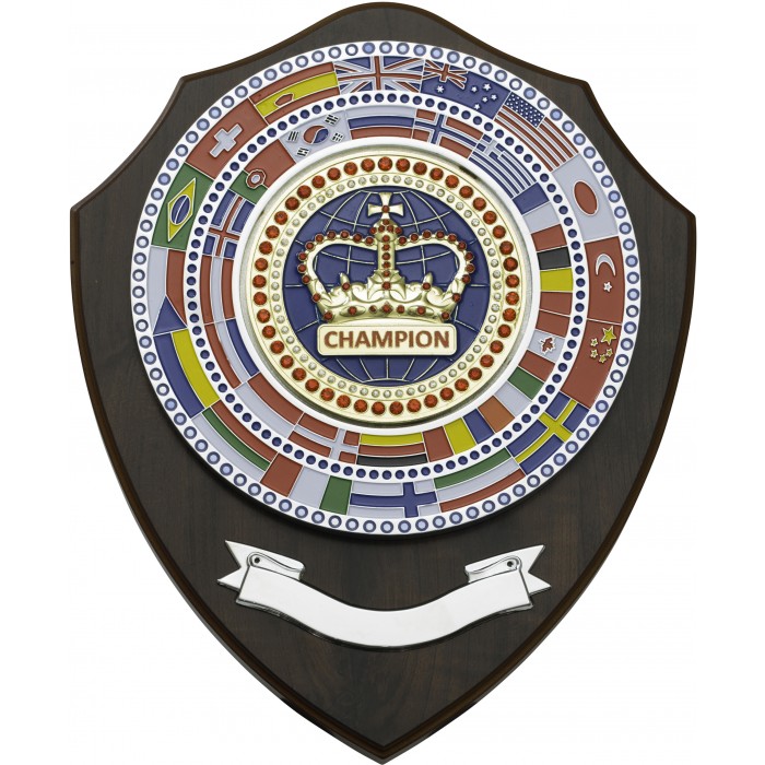 Prestigious 12'' Wooden World Shield featuring Gem Stones